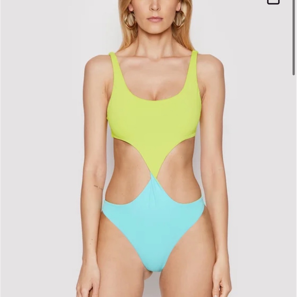 Banana Moon Twist Front One Piece Bathing Suit Turquoise & Lime Green Sz Large